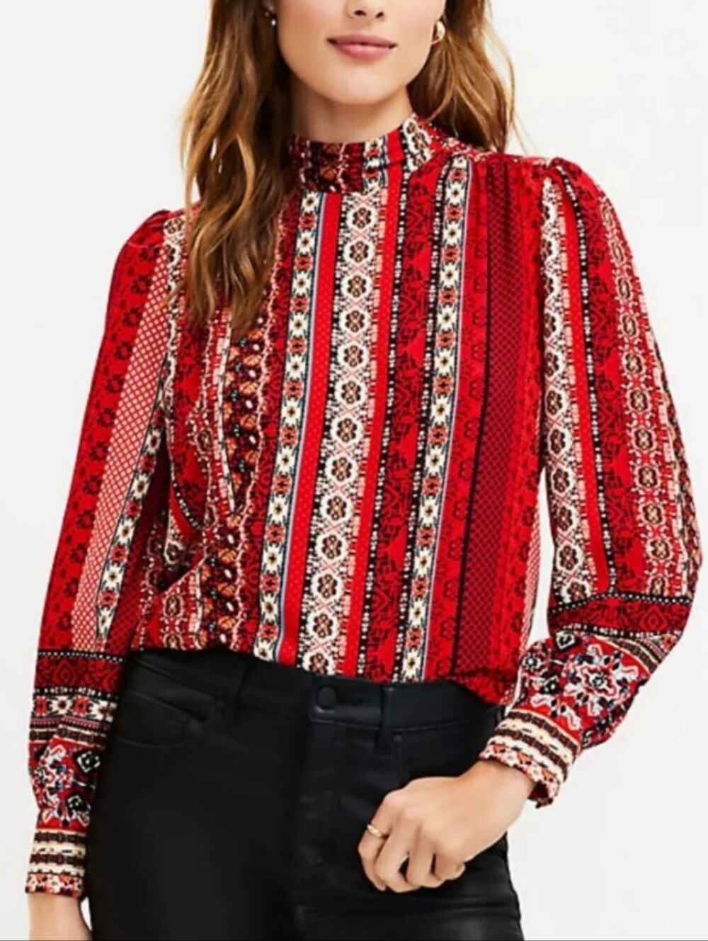 LOFT Red Multi-Pattern High Neck Blouson Sleeve Top